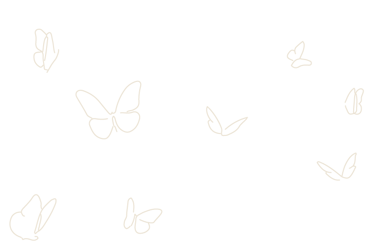 Several white line drawings of butterflies flying against a black background.