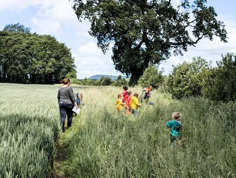 Children walking through tall grass/meadow at Eyton Burrow 