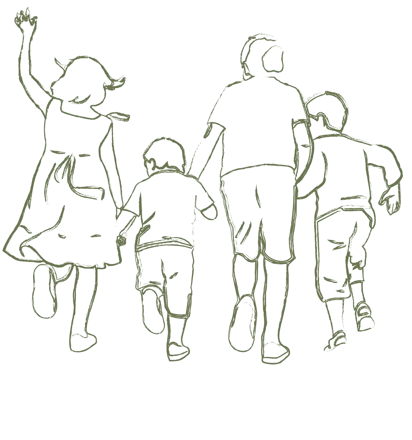 "Line drawing of a father and three children walking together outdoors, holding hands