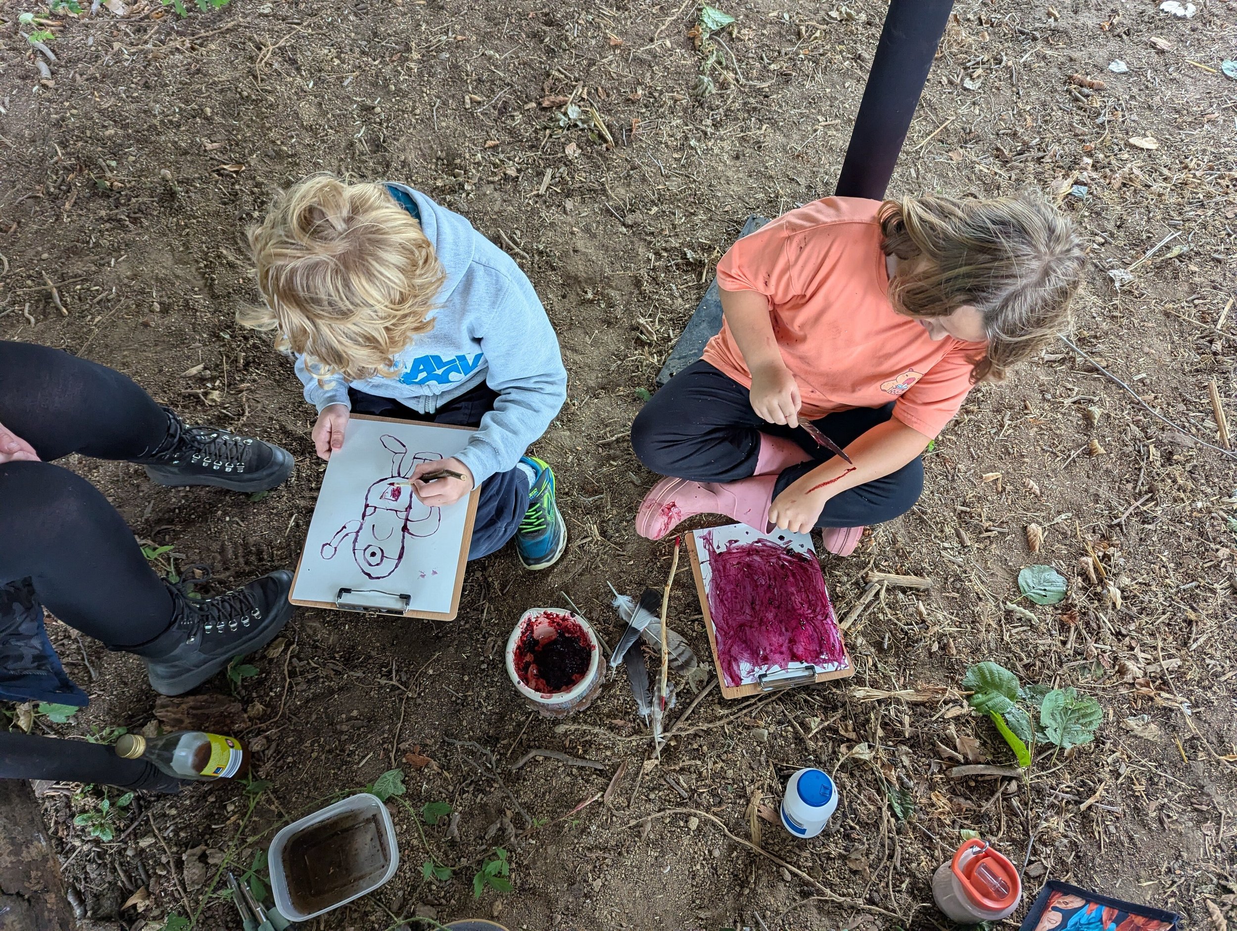 Making inks and twig pens from elderbeeires, oak galls and elder