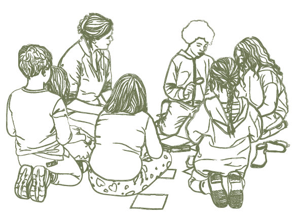 Line drawing of an adult and children sitting in a circle outdoors
