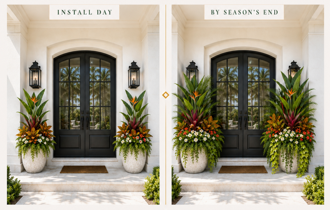 Side-by-side comparison of a home's front entryway before and after seasonal decoration; both sides feature large potted plants with colorful tropical flowers and greenery on each side of a black double door with glass panels, and two wall-mounted lantern lights.