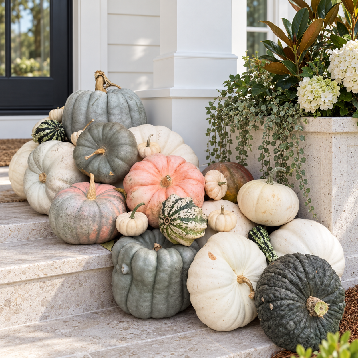 A variety of pumpkins and gourds in different colors and sizes arranged on the steps outside a house next to a potted plant with white flowers.