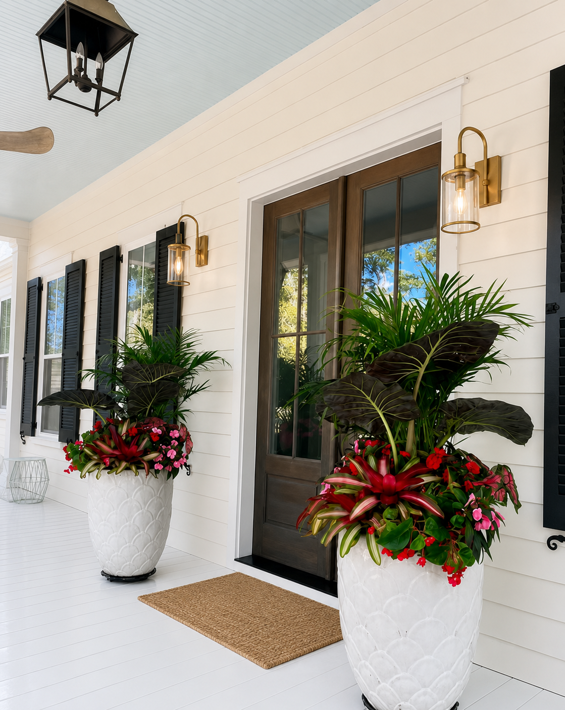 Front porch of a house with two large white planters containing lush green plants and red flowers, black shutters on windows, and two wall-mounted lamps beside a front door with glass panels. There is a doormat and a decorative white wire basket on the porch floor.