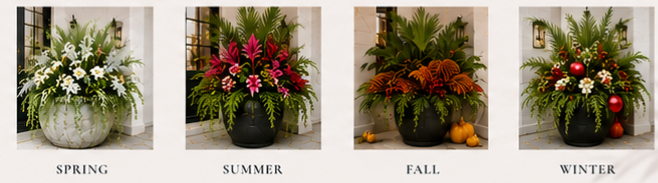 Four potted plants representing different seasons: Spring with white daisies, Summer with pink lilies, Fall with orange and red leaves, and Winter with pinecones and Christmas ornaments.