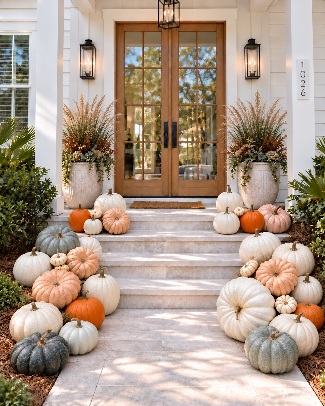 Fall-themed front porch decorated with pumpkins in various colors and sizes, large potted plants, and a wooden front door with glass panels, black hardware, and outdoor lighting.