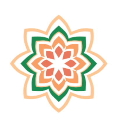 A colorful geometric flower-like pattern with multiple layers of green, peach, and red shapes.