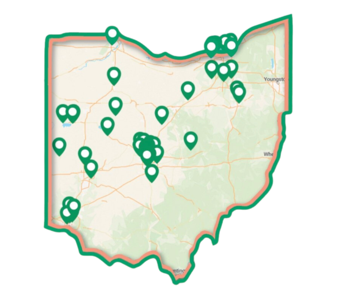 Map of Ohio with numerous green location markers.