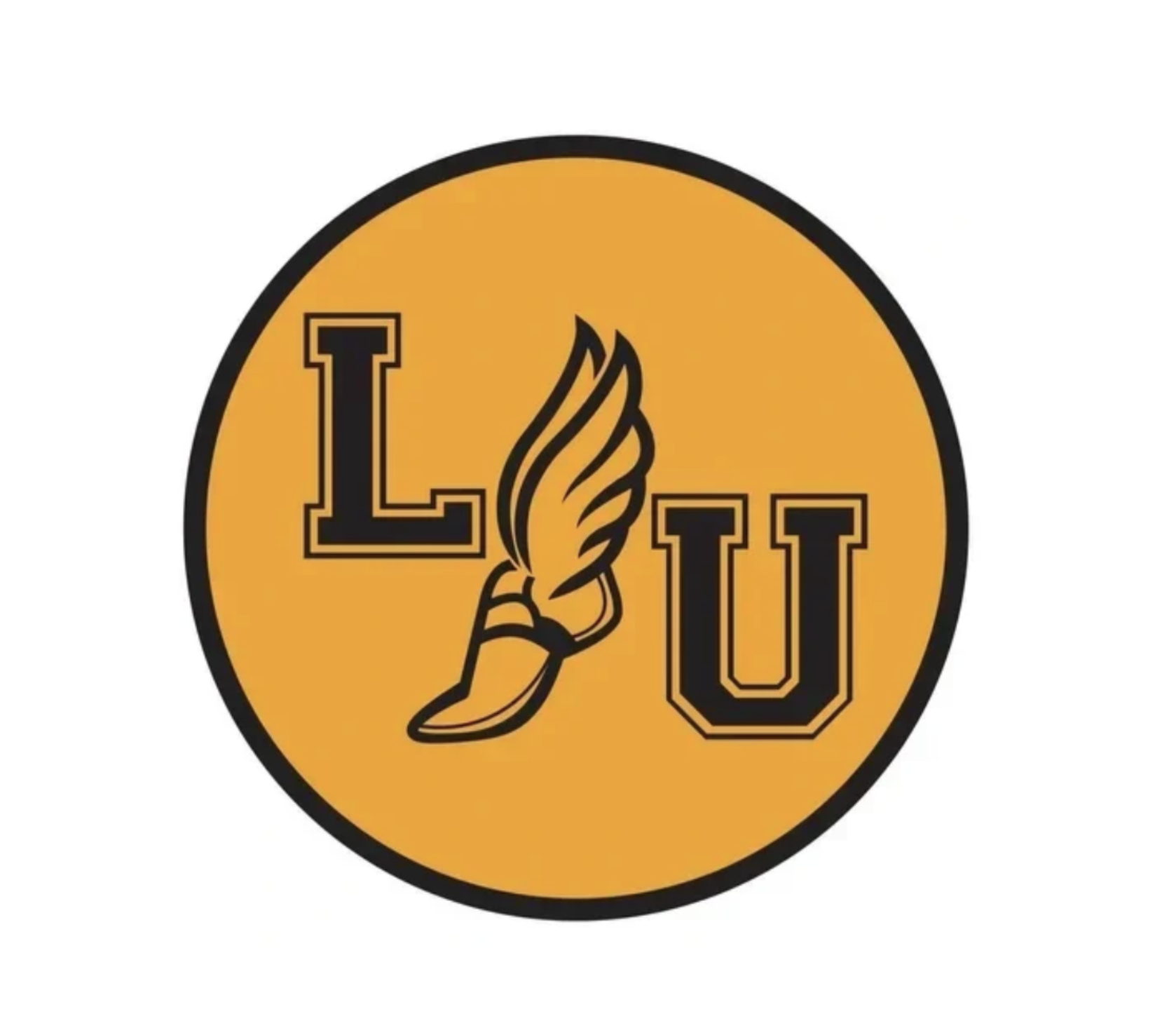 A circular logo with a yellow background and black outline. Inside, the initials "L" and "U" are in bold black font, with a stylized flame or torch between them.