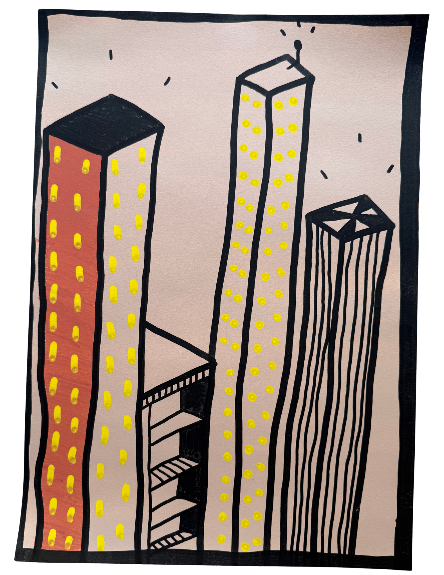 buildings in brown, black, peach and yellow