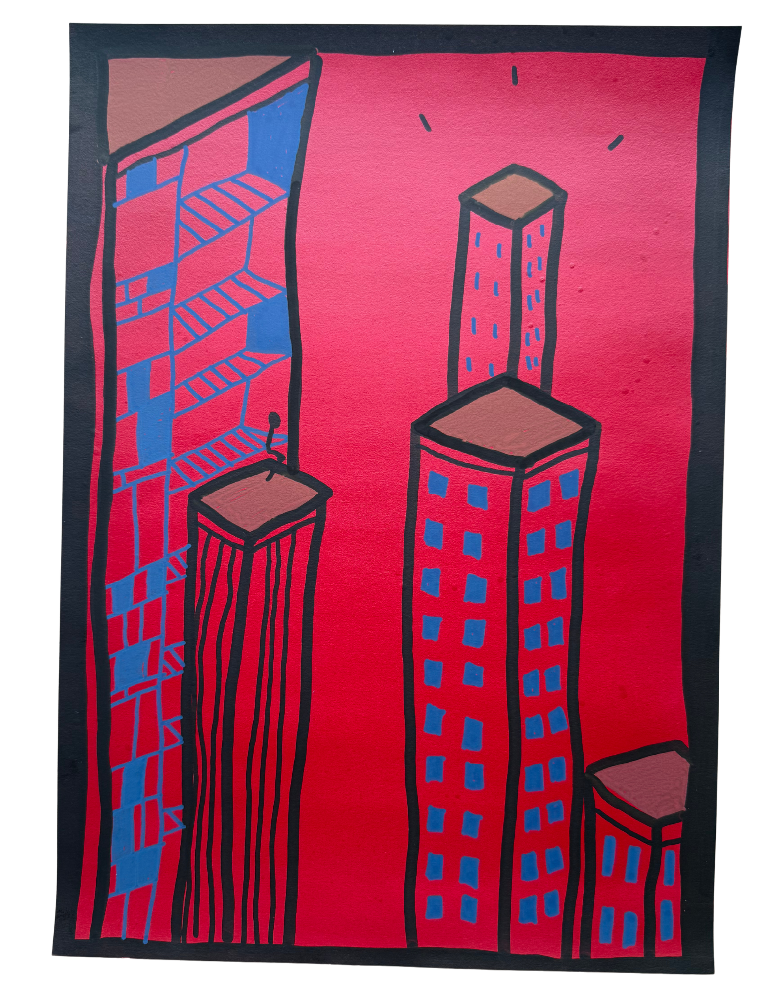 buildings in red brown blue and black