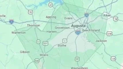 Map showing Augusta, Georgia, and surrounding towns including Grovetown, Beech Island, Jackson, Harlem, and Warrenton.