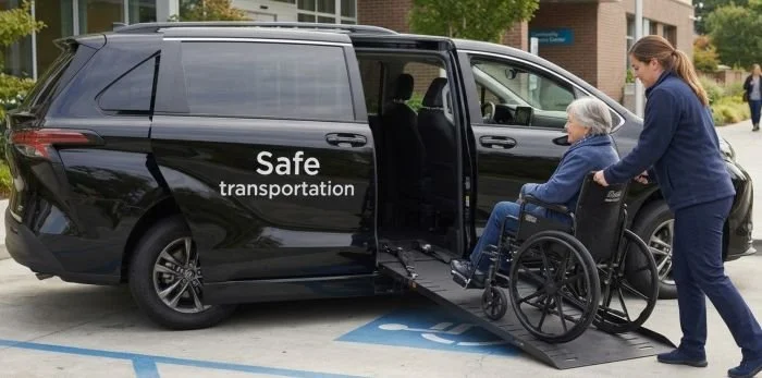 Safe Transportation of Augusta driver assisting a senior passenger in a wheelchair up a side ramp into a dark blue non-emergency medical transportation (NEMT) minivan.