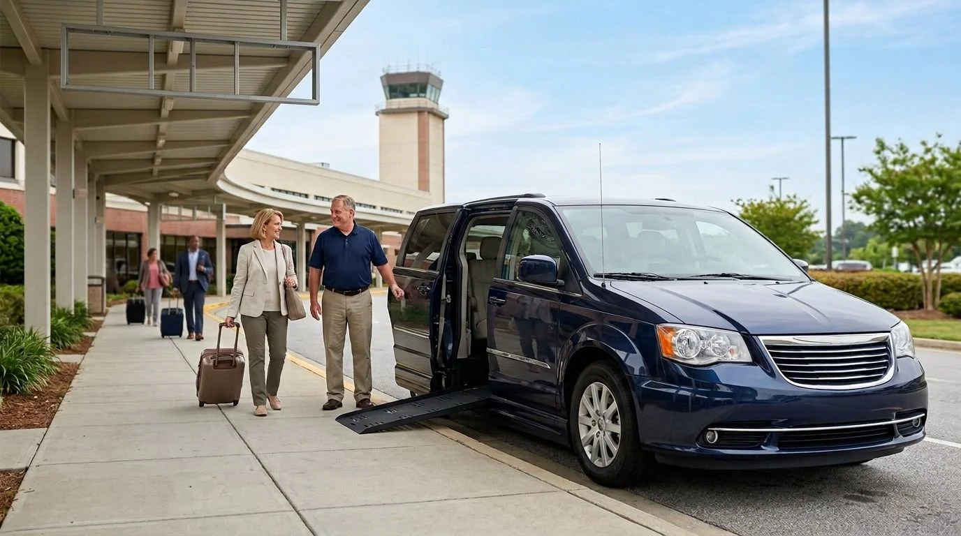 A clean, dark blue Chrysler Town and Country minivan with an open sliding door and deployed wheelchair ramp waiting at a terminal passenger pickup zone as travelers approach with luggage.