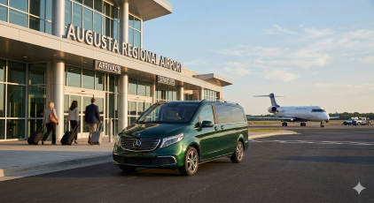 Outside Augusta Regional Airport with a green Mercedes-Benz van parked near the entrance, and a private jet aircraft in the background on the tarmac.