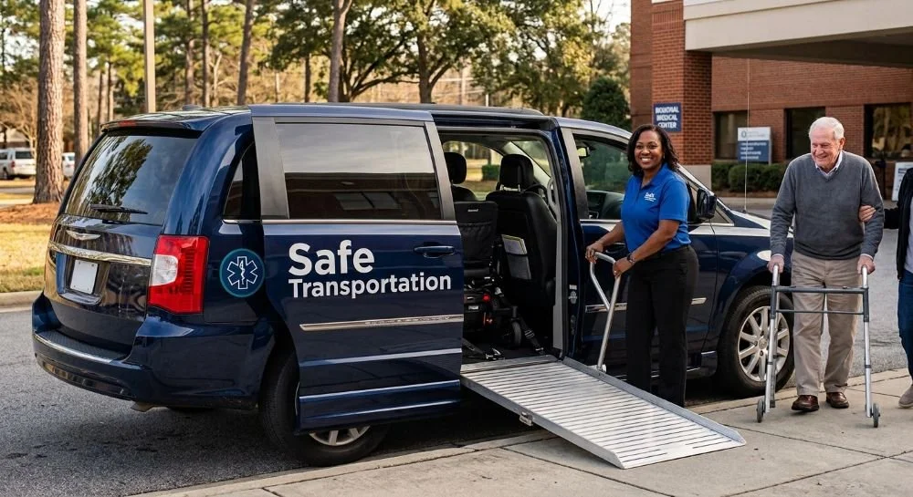 A dark blue Chrysler Town and Country wheelchair-accessible minivan with a deployment ramp and "Safe Transportation" side signage parked at a clinical facility drop-off zone.