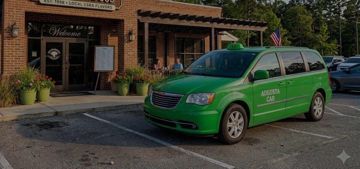 Augusta Cab vehicle in front of a restaurant