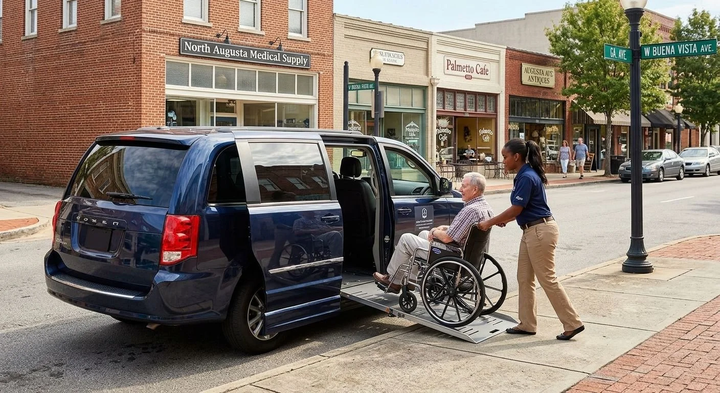 safe transportation of augusta driver helping senior citizen into wheelchair vehicle.