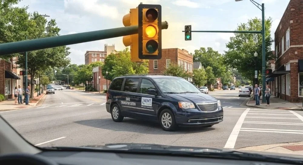 Dark blue Chrysler Town & Country van with Safe Transportation of Augusta signage carefully pausing at an intersection crosswalk under a yellow traffic light.