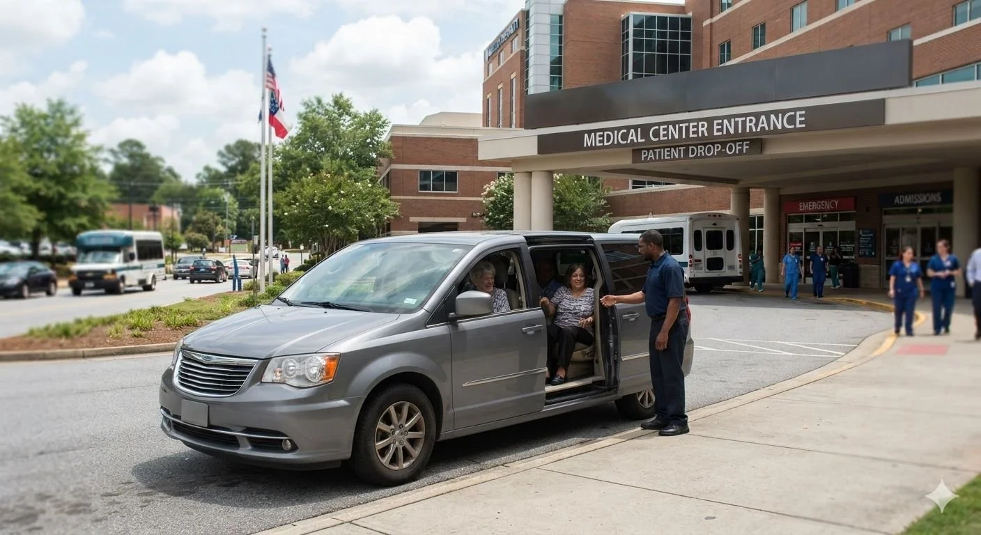 Safe Transportation of Augusta driver assisting a senior passenger in a wheelchair up a side ramp into a company's grey non-emergency medical transportation (NEMT) minivan.