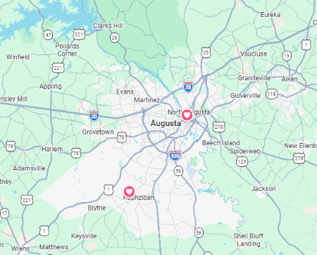 Map showing Augusta, Georgia, and nearby areas including Grovetown, Martinez, North Augusta, and Aiken, with major highways like I-20 and US-1.
