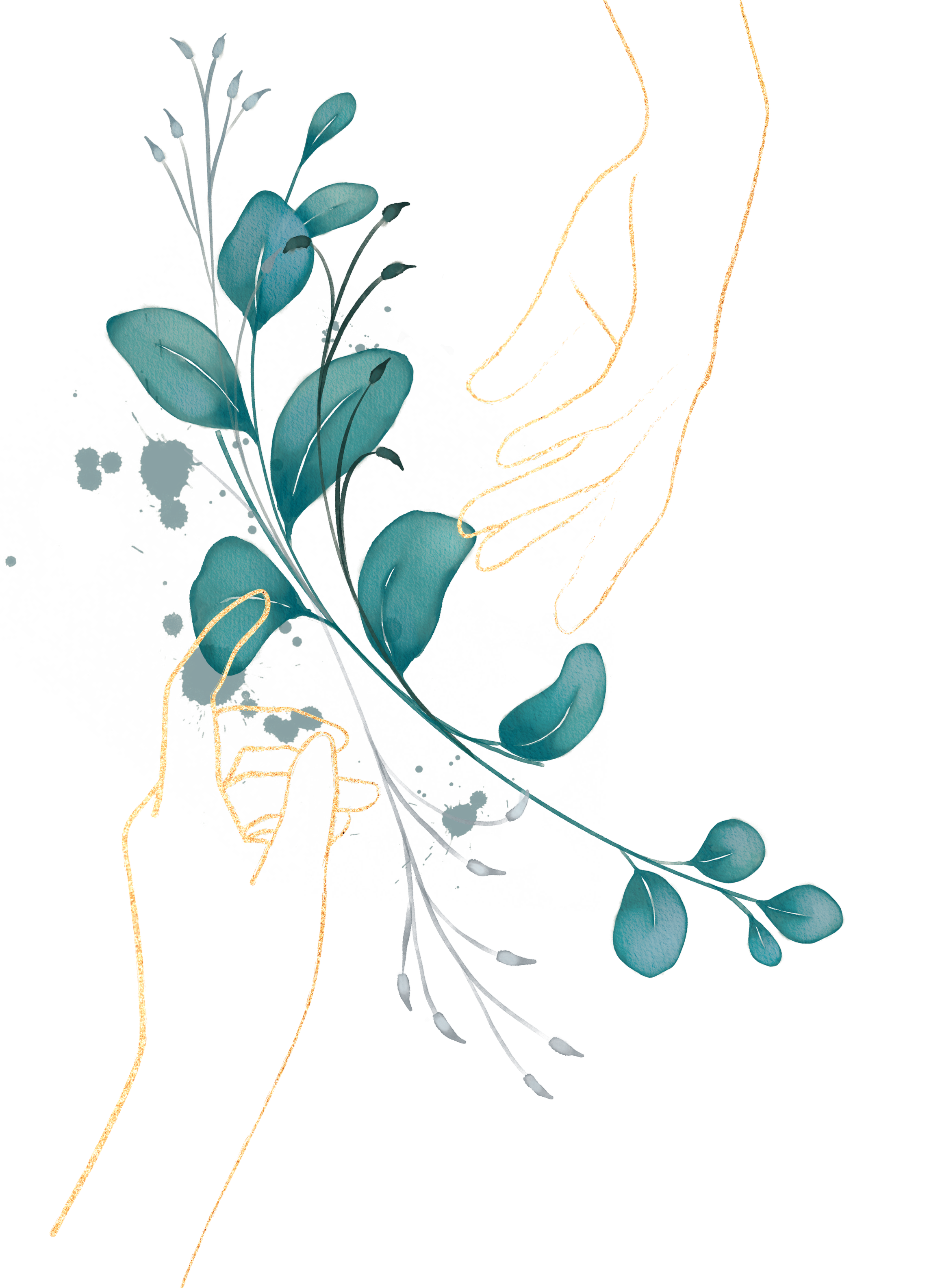 Eine Hand, die eine stilisierte Pflanze mit blauen Blättern hält, neben einem großen, farbigen, abstrakten Pflanzenmuster auf schwarzem Hintergrund.