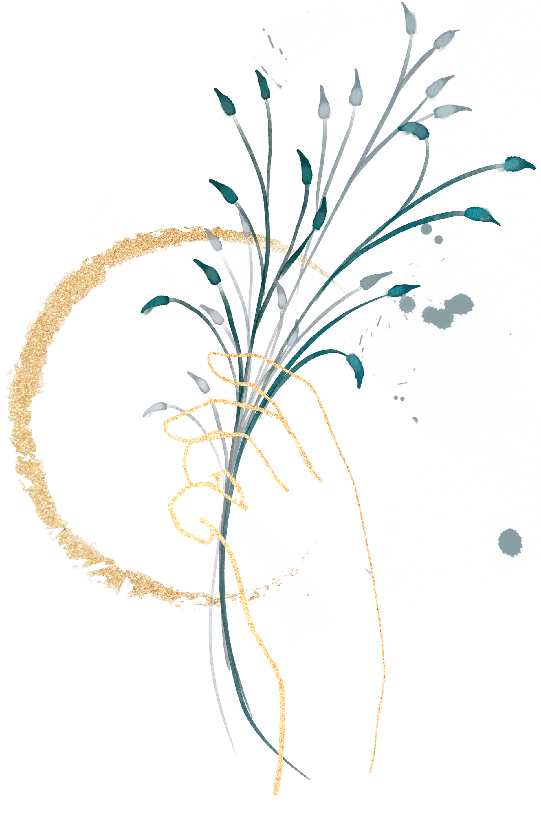 Abstrakte Wasserfarbenillustration eines blühenden Strauchs mit goldener Kranzumrandung.
