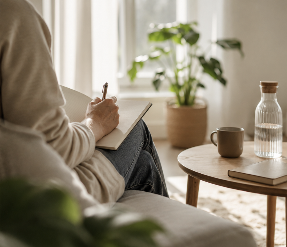 Person sitzt auf einem Sofa, schreibt in ein Notizbuch. Im Hintergrund ist eine Topfpflanze, auf einem runden Holztisch stehen eine Tasse, eine Glasflasche mit Wasser und ein Buch.