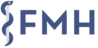 Logo mit Klammer und den Buchstaben 'FMH' in Blau auf schwarzem Hintergrund.