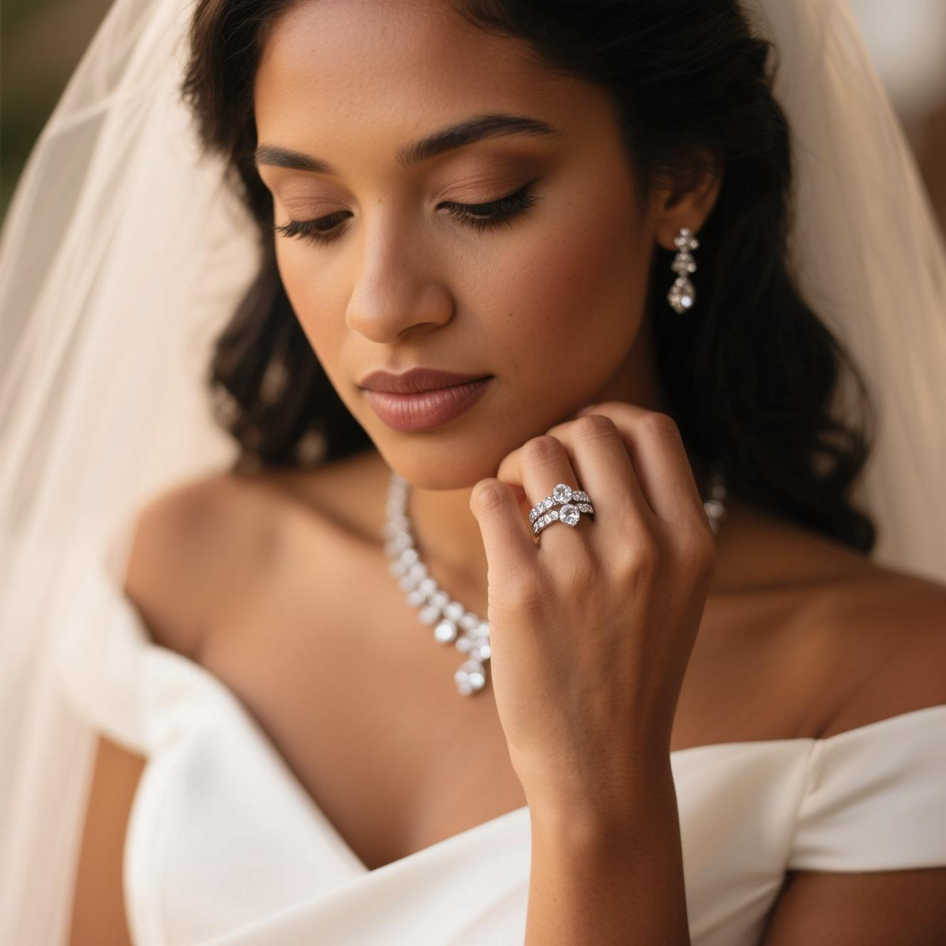 Close-up of a bride with dark hair, wearing diamond jewelry including earrings, a necklace, and a ring, with a white off-shoulder dress and a veil, softly smiling with eyes closed.