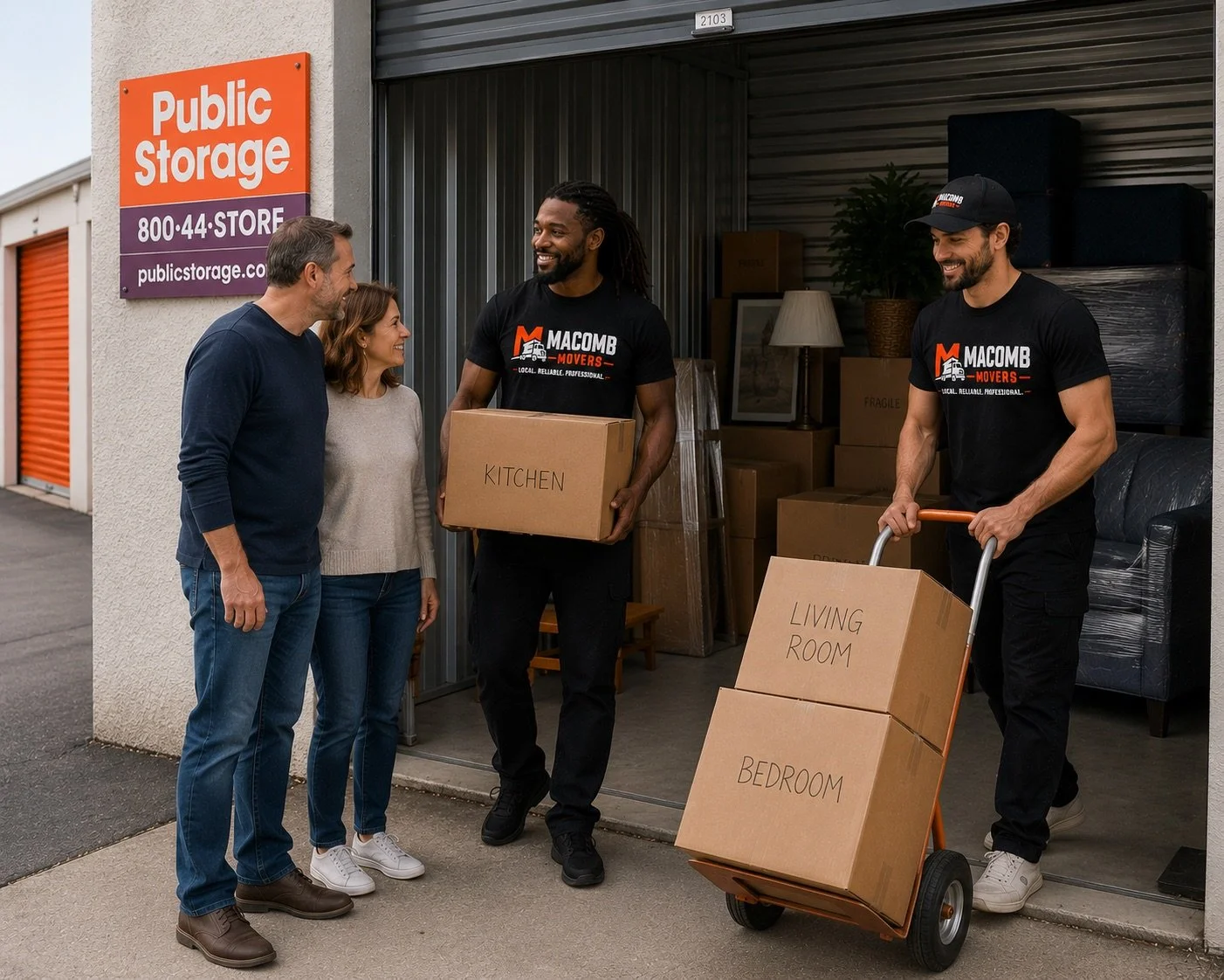 Macomb Movers helping a couple unload and organize household belongings from a storage unit during a residential move in Macomb County, Michigan