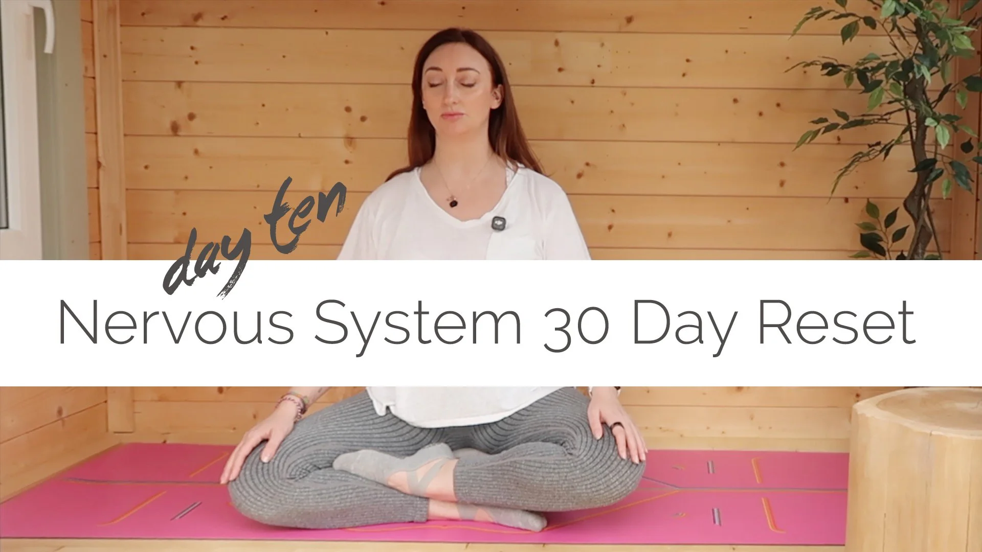 A woman practicing yoga in a meditative pose inside a wooden room with plants, with overlay text that reads 'day ten Nervous System 30 Day Reset'.