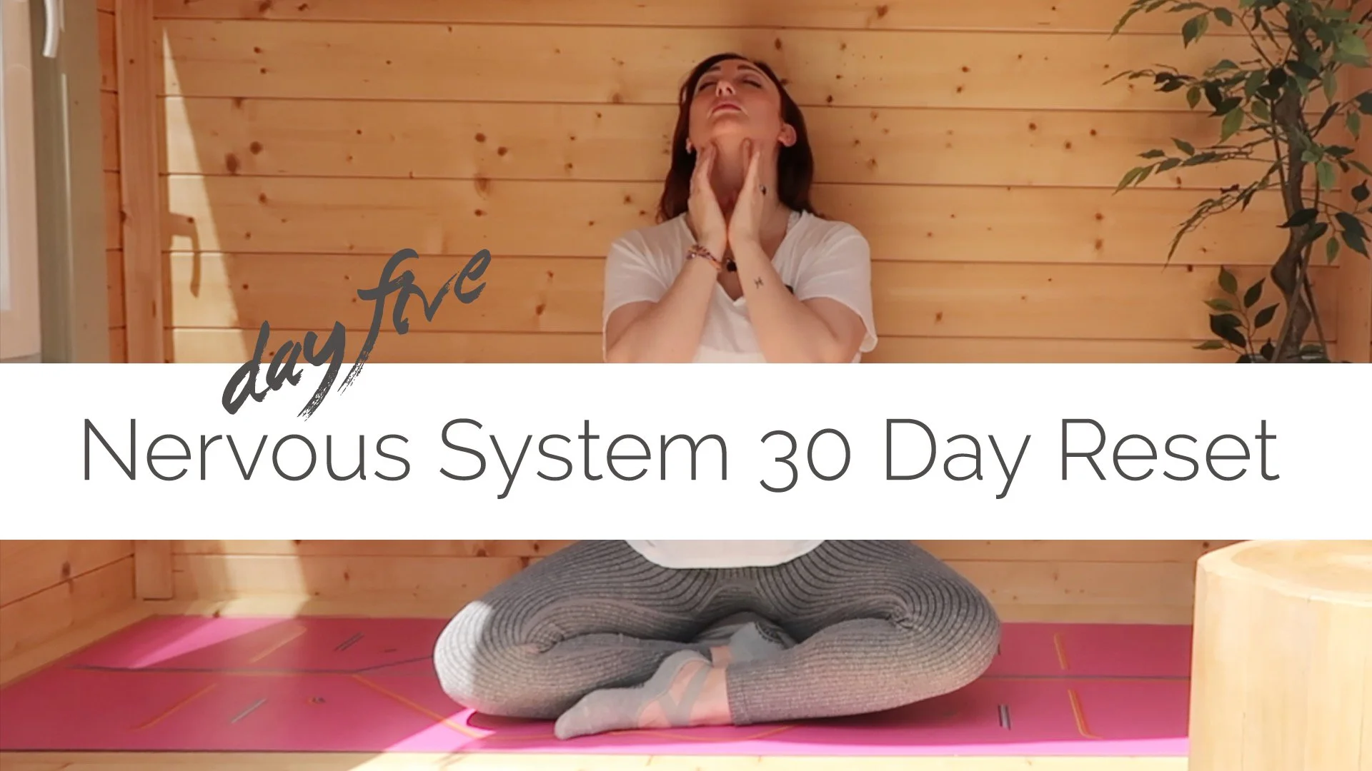 A woman sitting cross-legged on a pink yoga mat, practicing meditation in a wooden room with a small plant nearby, during a Nervous System 30 Day Reset program.
