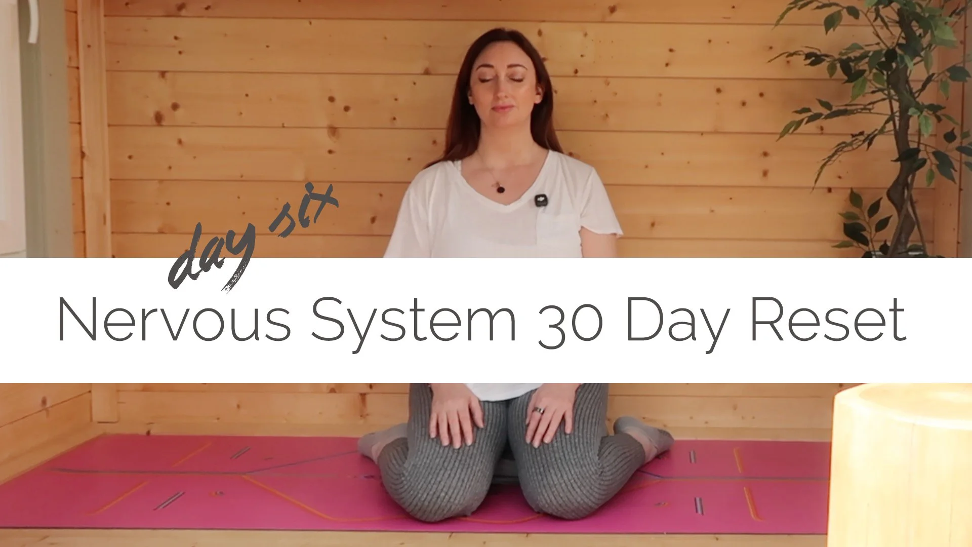 Woman practicing yoga in a wooden room with a plant, on pink mat, with overlay text "day 30 Nervous System 30 Day Reset."