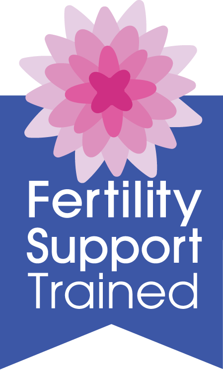 Blue badge with pink and purple flower, text reads "Fertility Support Trained".