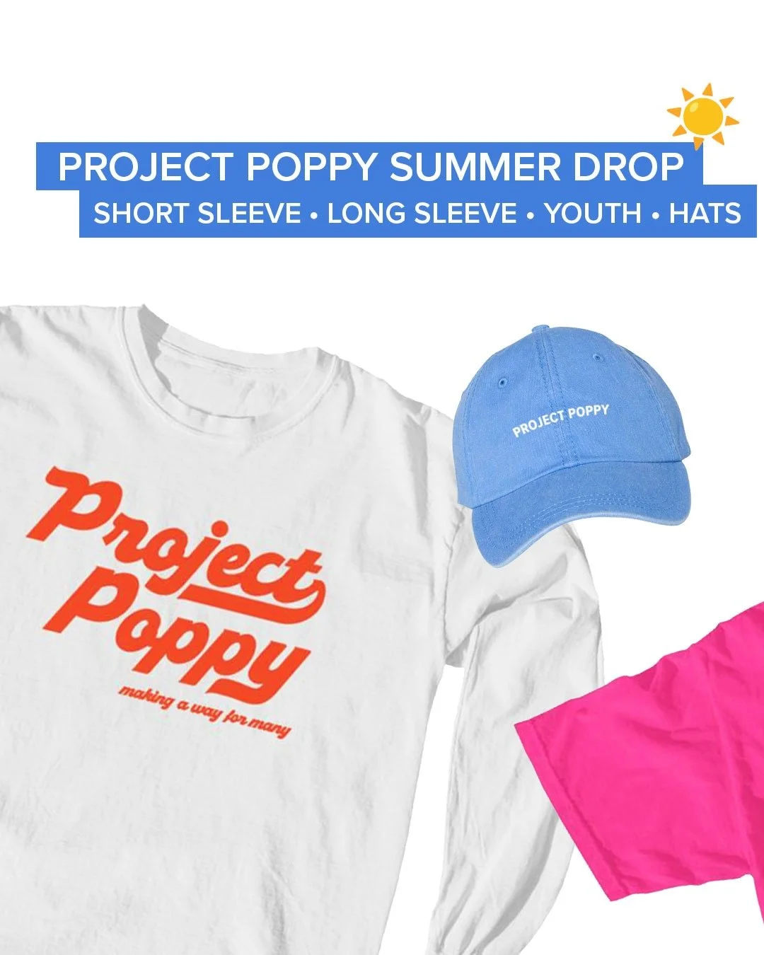 Our first-ever Project Poppy summer merch drop is live ☀️
&ndash; short sleeve + long sleeve tees &ndash; youth sizes &ndash; dad hats &ndash; an aggressively summery trucker hat 💁🏻&zwj;♀️  Every purchase helps support Poppy &amp; Oliver&rsquo;s me