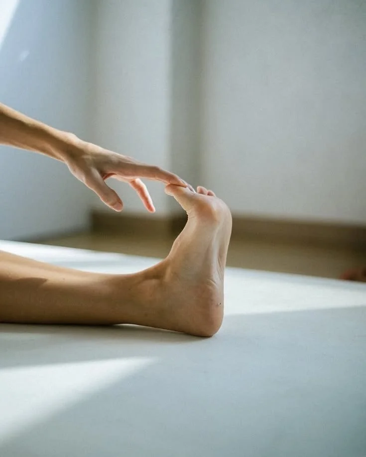 Une personne fait du yoga, assise sur le sol, touchant son pied avec sa main dans une pièce lumineuse.