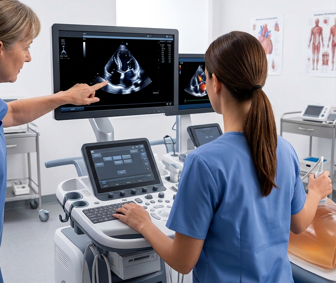 Medical professionals performing an ultrasound on a patient in a clinical setting.