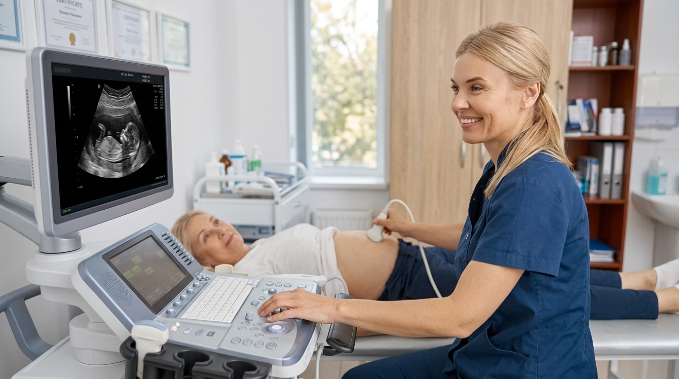 A healthcare professional performing an ultrasound on a pregnant woman in a medical room.