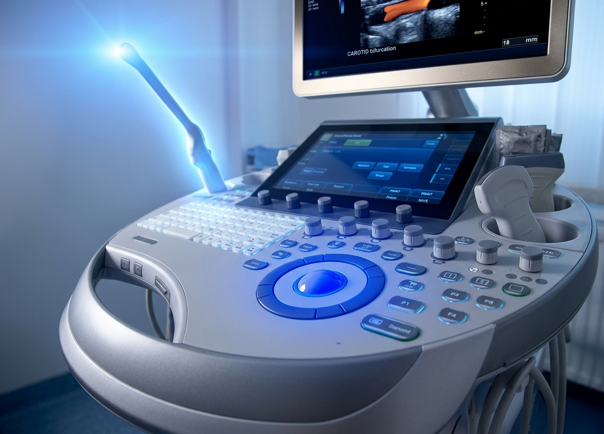 Medical ultrasound machine with a monitor displaying an ultrasound image, a keyboard, and control buttons.