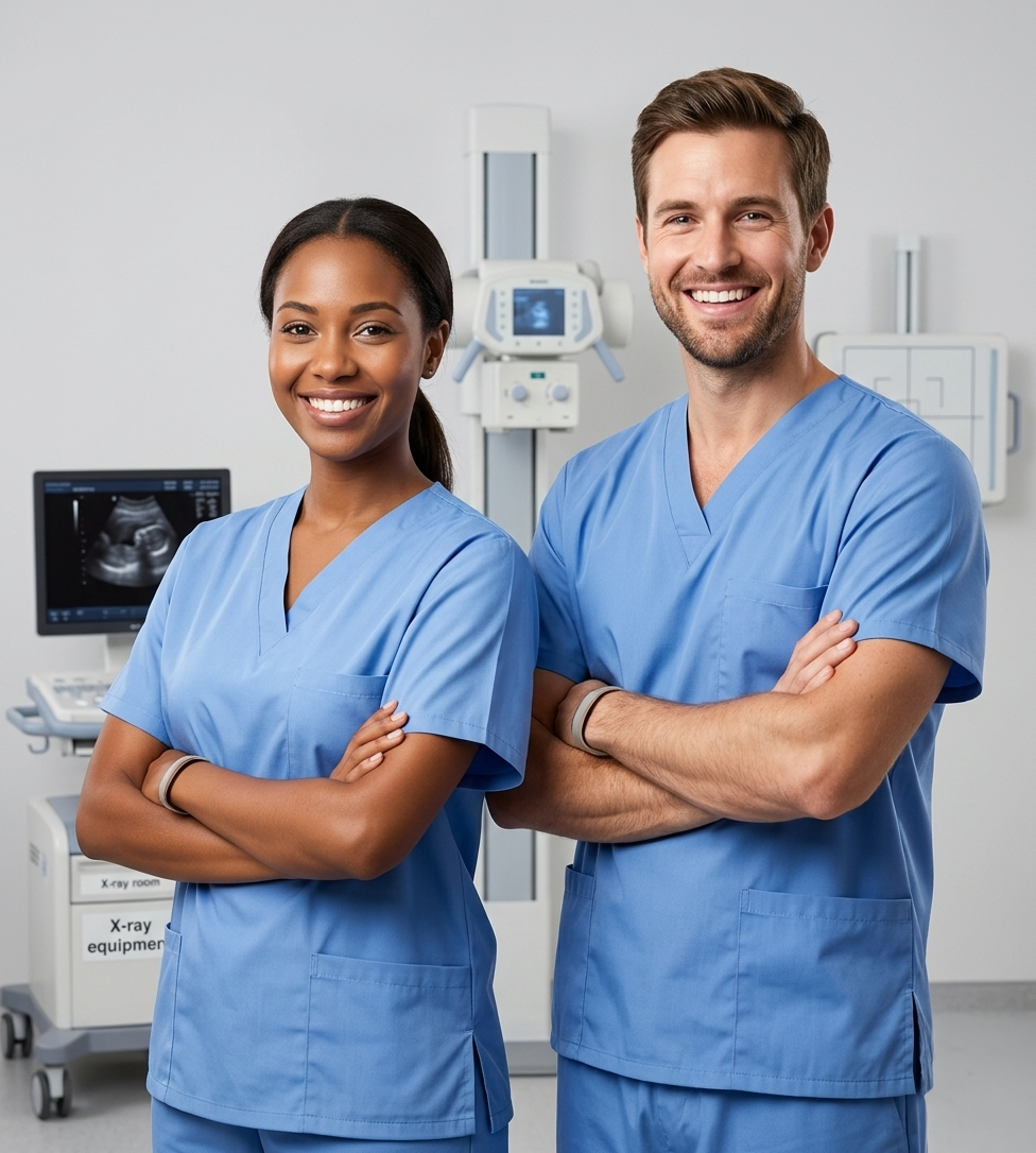 Two healthcare professionals, a woman of color and a man of Caucasian descent, standing in a medical room with X-ray equipment, both wearing blue scrubs and smiling with their arms crossed.