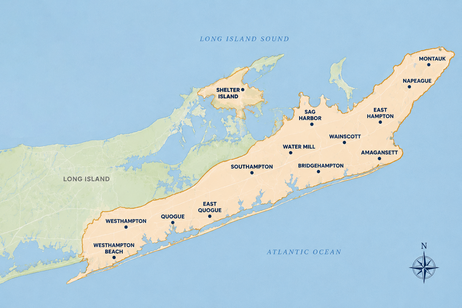 Map of Long Island, NY indicating service areas of Holy Roses Pizza showing towns and areas including Westhampton Beach, Westhampton, Quogue, East Quogue, Southampton, Bridgehampton, Water Mill, Sag Harbor, Montauk, Napeague, East Hampton, Amagansett