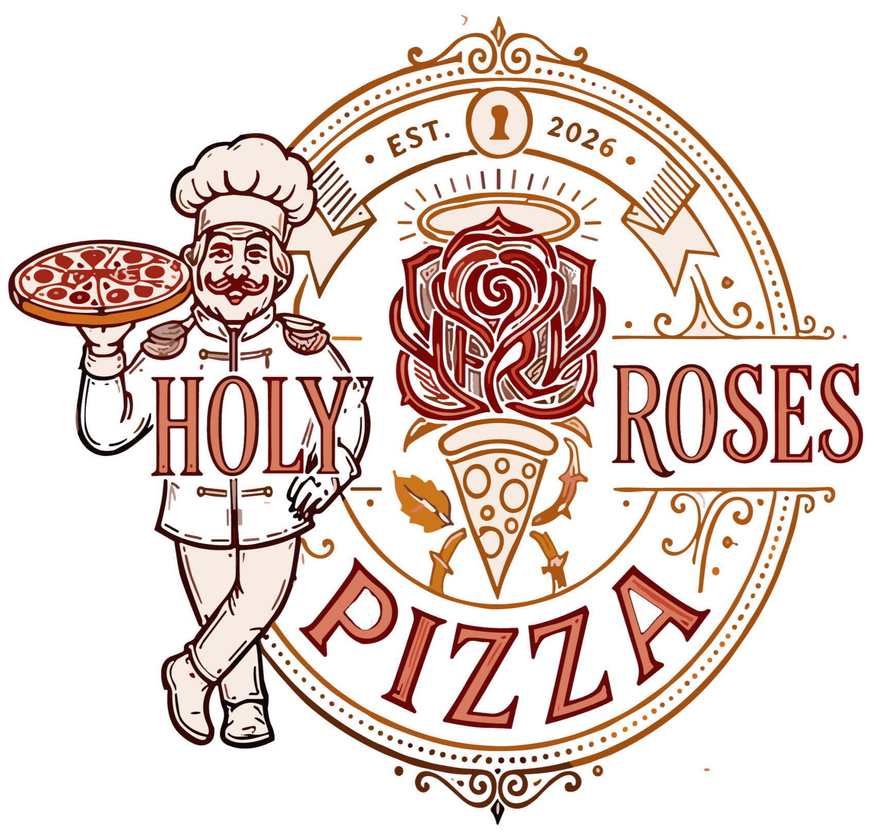 A vintage-style logo for Holy Roses Pizza features a smiling chef holding a pizza, with a prominent rose and pizza illustration in the background, and text indicating establishment in 2026.