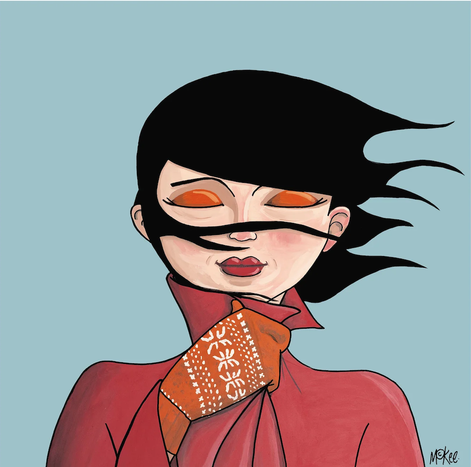 Pete McKee painting, 'Girl with the wind in her hair '22'