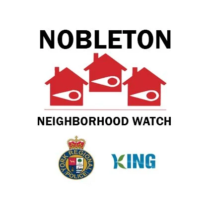 Nobleton Neighborhood Watch sign with three red houses and police badge logo