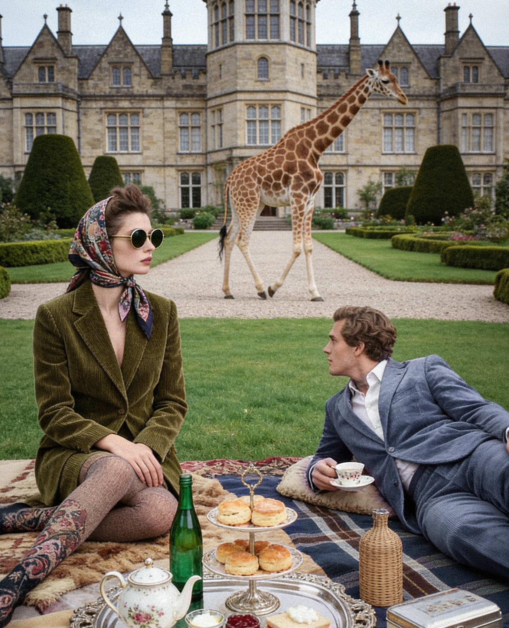 A woman with curly hair, wearing sunglasses, a scarf, and a blazer, is sitting on a patterned rug next to a man in a suit. They are having a tea party outdoors with a tiered tray of scones, a teapot, and other tea accessories on the rug. The background features a large historic building and a park with green grass, bushes, and a giraffe walking in the distance.