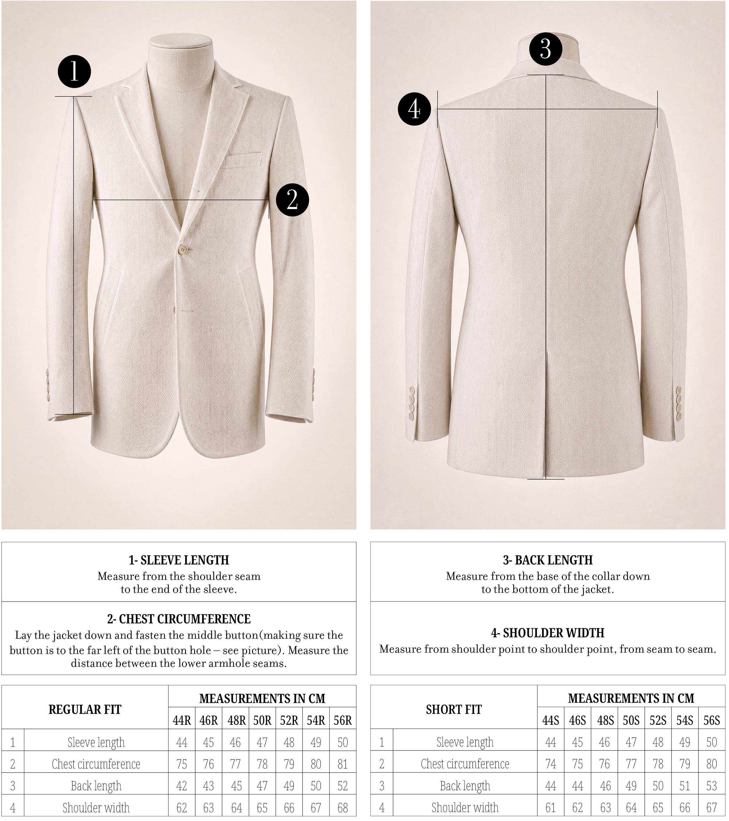Comparison chart of formal and short fit suit jacket measurements. The left side shows measurements for a regular fit jacket, including sleeve length, chest circumference, back length, and shoulder width, with size options from 44R to 56R. The right side shows measurements for a short fit jacket with similar parameters, sizes from 44S to 56S.