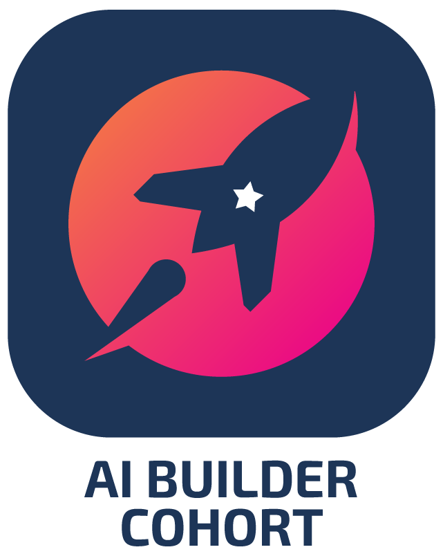 A stylized logo featuring the silhouette of a rocket ship with a star on it, set against a circular gradient background transitioning from orange to pink, with a dark navy blue background surrounding the circle.