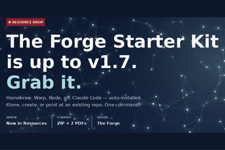 Announcement about the Forge Starter Kit update, up to version 1.7, with a background of a digital network pattern. Contains information on resources, formats, and contents.