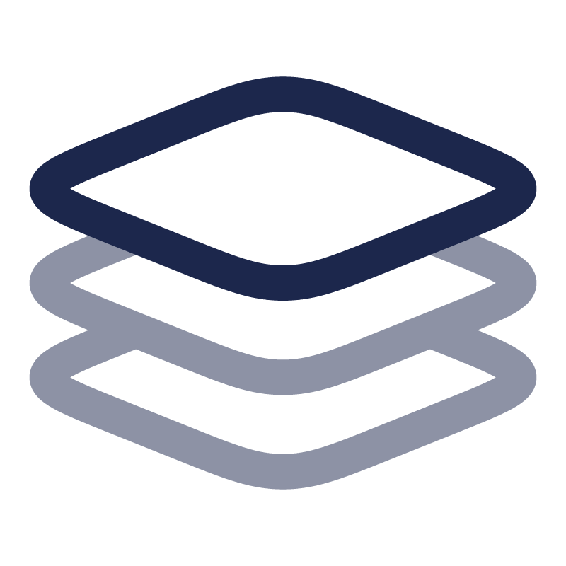 Stacked layers of rectangular sheets forming a 3D isometric diagram, in dark blue.